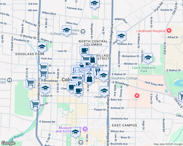 map of restaurants, bars, coffee shops, grocery stores, and more near 1101 East Walnut Street in Columbia