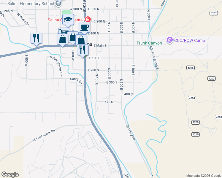 map of restaurants, bars, coffee shops, grocery stores, and more near 361 South 200 East in Salina