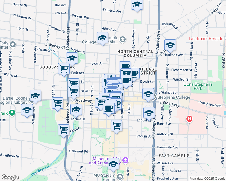 map of restaurants, bars, coffee shops, grocery stores, and more near 821 East Walnut Street in Columbia