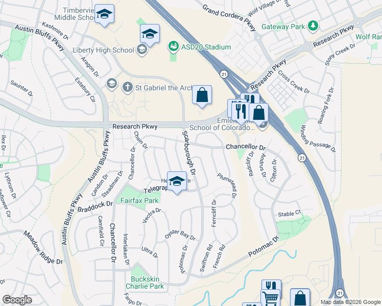 map of restaurants, bars, coffee shops, grocery stores, and more near 8252 Telegraph Drive in Colorado Springs