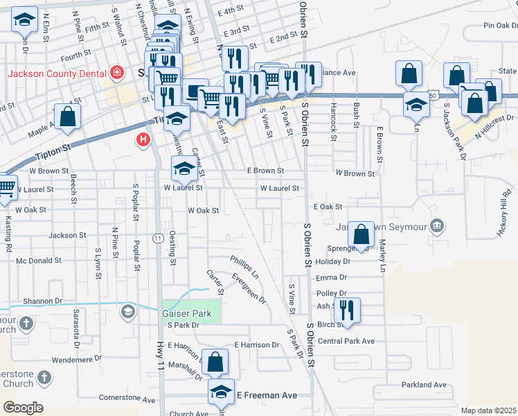 map of restaurants, bars, coffee shops, grocery stores, and more near 618 South Broadway Street in Seymour