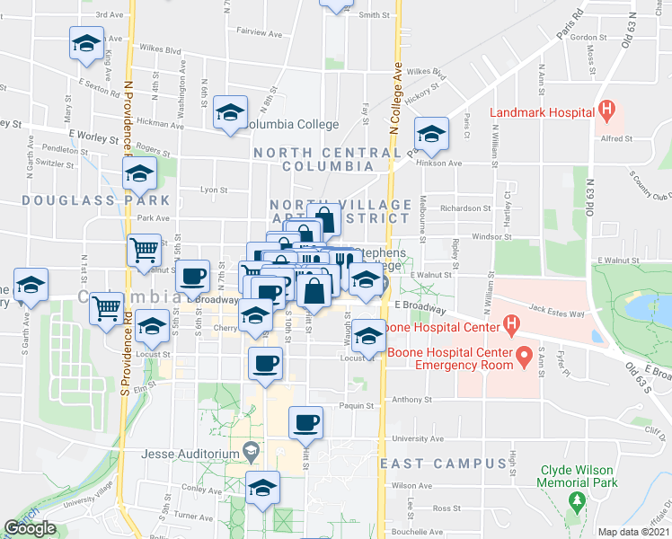 map of restaurants, bars, coffee shops, grocery stores, and more near 1206 East Walnut Street in Columbia