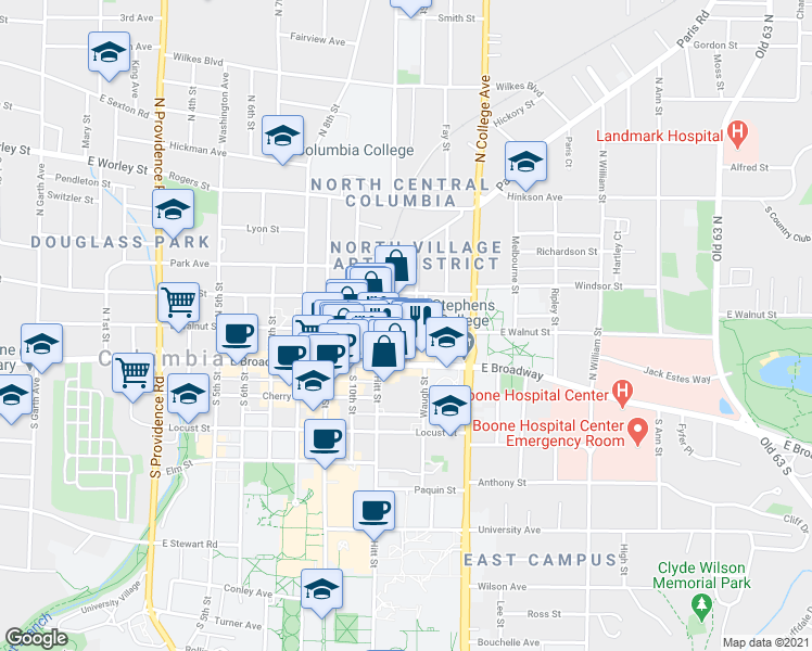 map of restaurants, bars, coffee shops, grocery stores, and more near 1034 East Walnut Street in Columbia