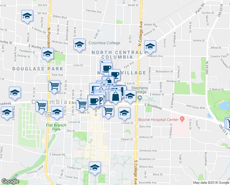 map of restaurants, bars, coffee shops, grocery stores, and more near 1034 East Walnut Street in Columbia