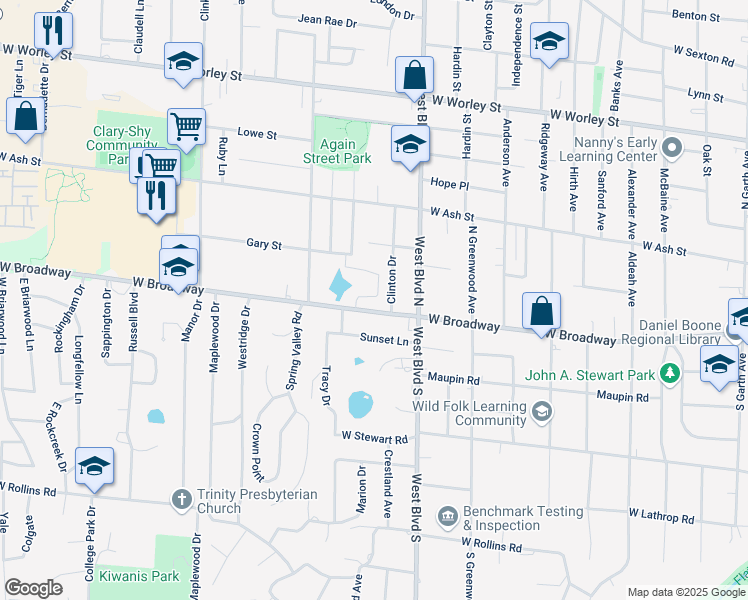 map of restaurants, bars, coffee shops, grocery stores, and more near 1110 West Broadway in Columbia