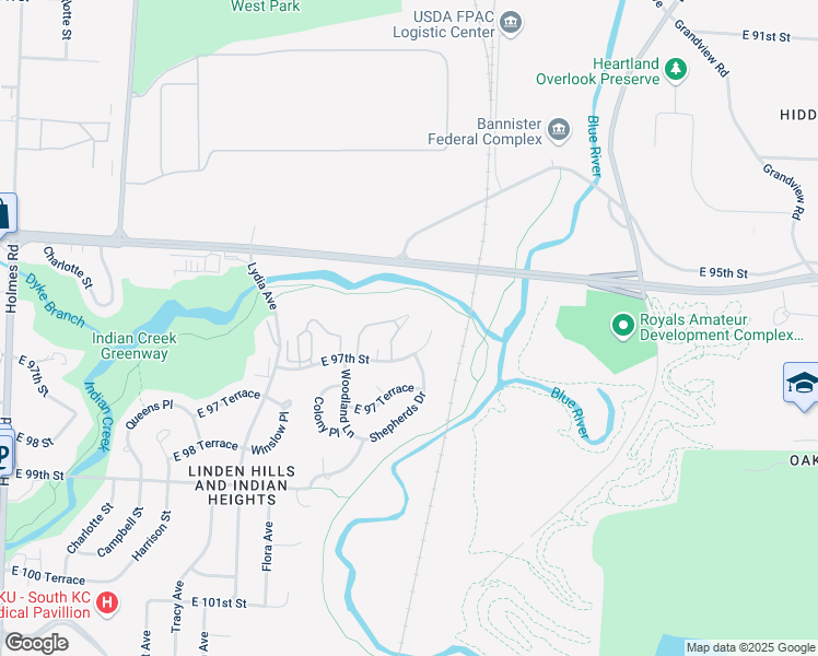 map of restaurants, bars, coffee shops, grocery stores, and more near 1901 East 97th Street in Kansas City