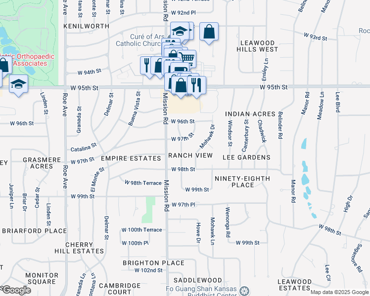 map of restaurants, bars, coffee shops, grocery stores, and more near 9731 Howe Drive in Leawood