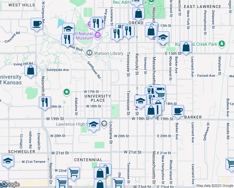 map of restaurants, bars, coffee shops, grocery stores, and more near 1743 Ohio Street in Lawrence