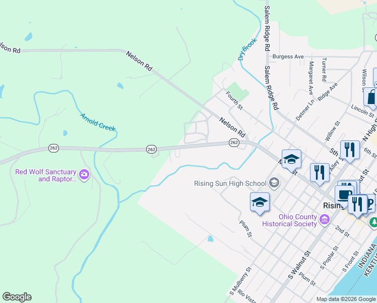 map of restaurants, bars, coffee shops, grocery stores, and more near 1323 Indiana 262 in Rising Sun