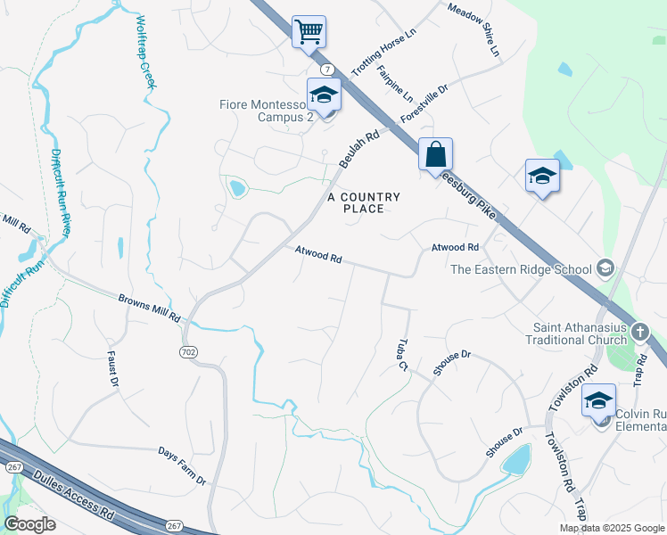 map of restaurants, bars, coffee shops, grocery stores, and more near 9605 Atwood Road in Vienna