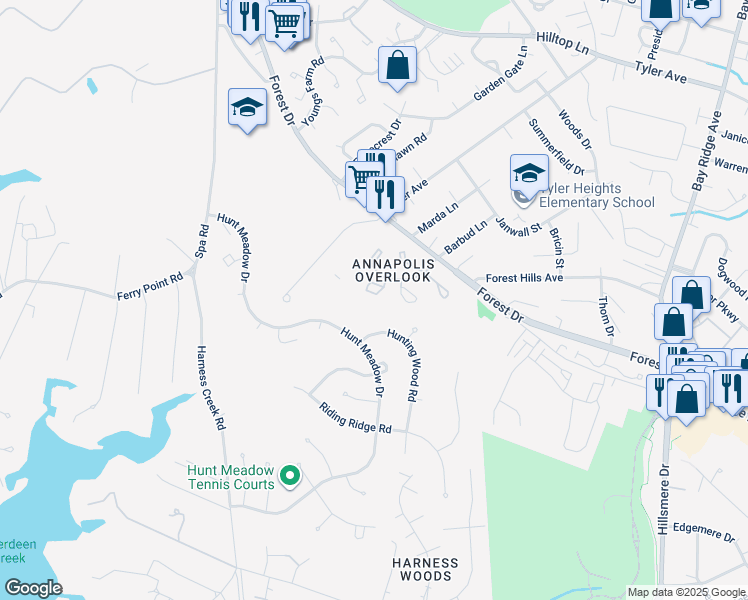 map of restaurants, bars, coffee shops, grocery stores, and more near 40 Ironstone Court in Annapolis