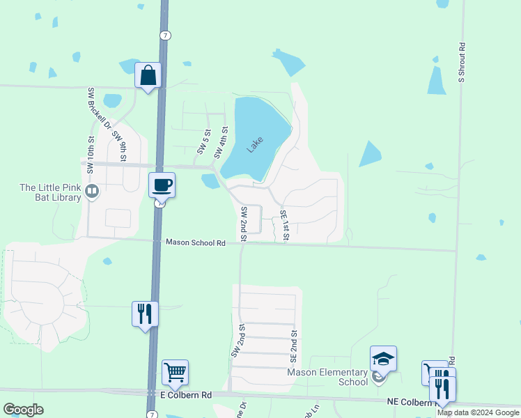map of restaurants, bars, coffee shops, grocery stores, and more near 8238 Southwest 1st Street in Blue Springs