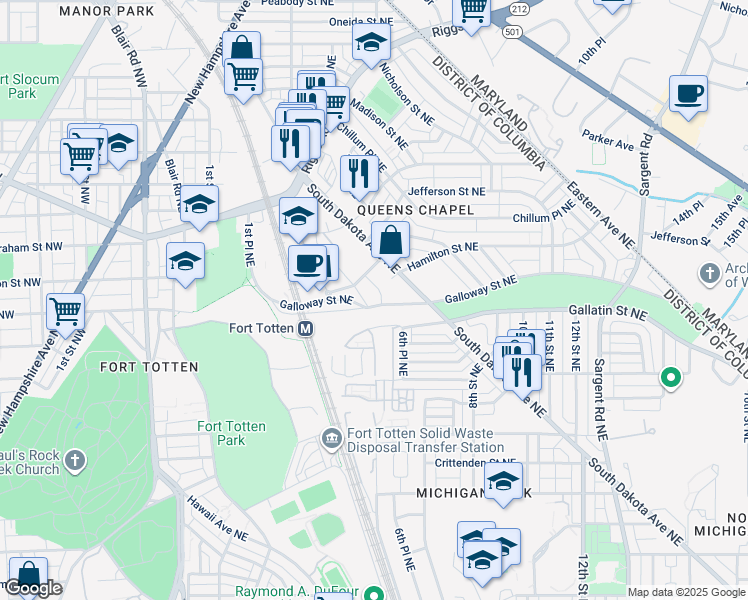 map of restaurants, bars, coffee shops, grocery stores, and more near 5130 4th Street Northeast in Washington