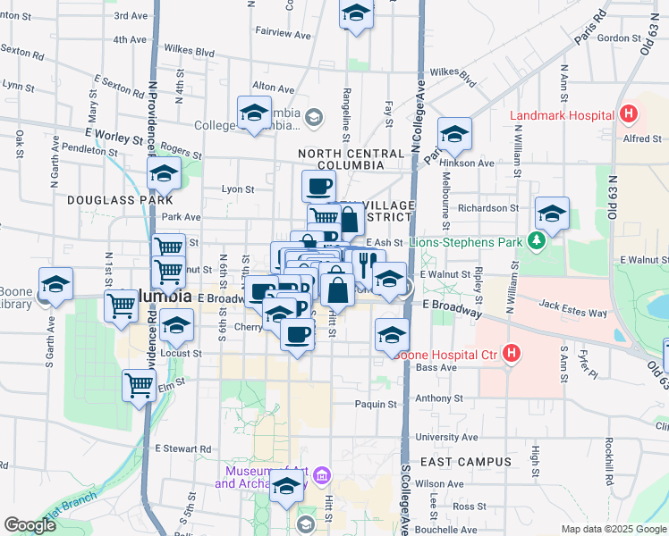 map of restaurants, bars, coffee shops, grocery stores, and more near 1025 East Walnut Street in Columbia