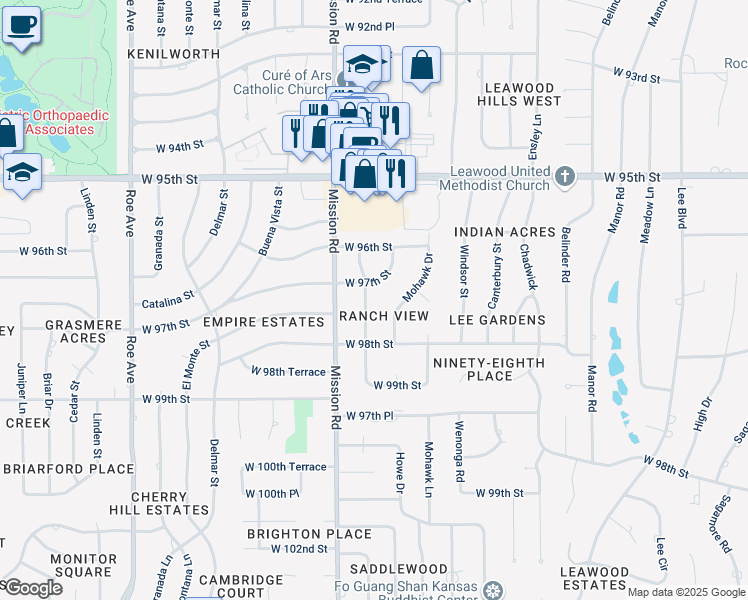 map of restaurants, bars, coffee shops, grocery stores, and more near 9731 Howe Drive in Leawood