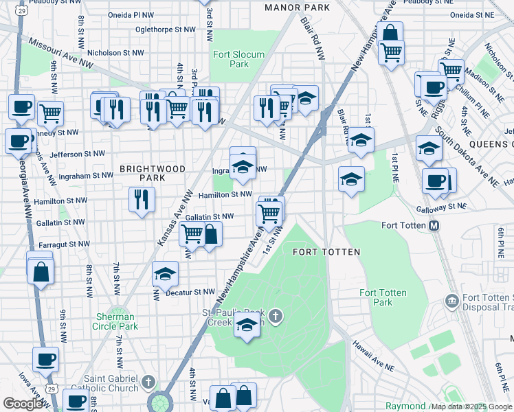 map of restaurants, bars, coffee shops, grocery stores, and more near 5113 2nd Street Northwest in Washington