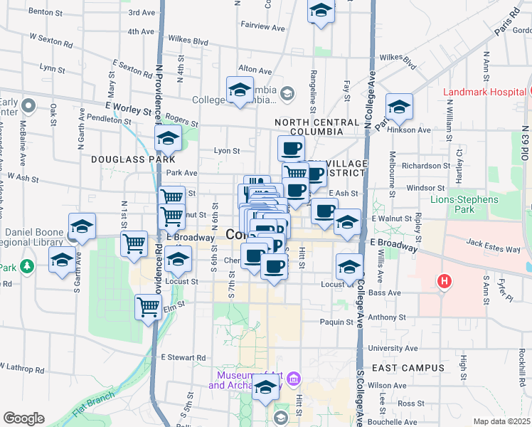 map of restaurants, bars, coffee shops, grocery stores, and more near in Columbia