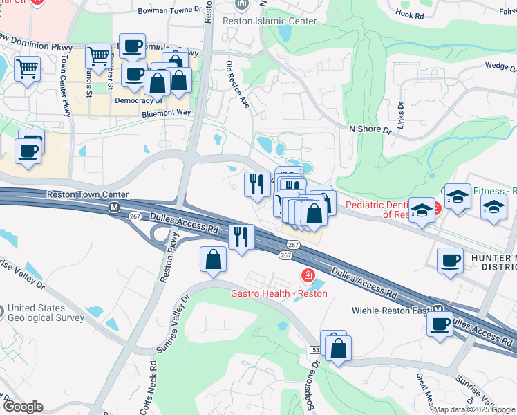 map of restaurants, bars, coffee shops, grocery stores, and more near 11750 Plaza America Drive in Reston