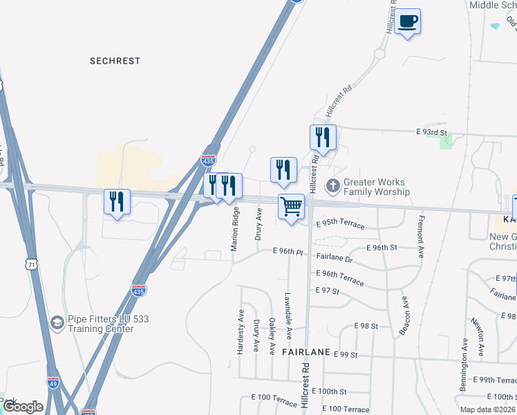 map of restaurants, bars, coffee shops, grocery stores, and more near 9520 Drury Avenue in Kansas City