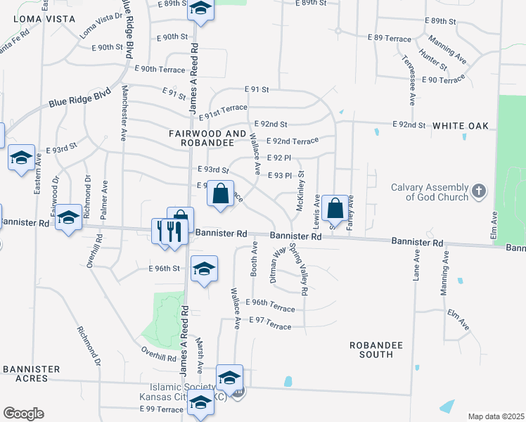 map of restaurants, bars, coffee shops, grocery stores, and more near 8512 East 93rd Terrace in Kansas City