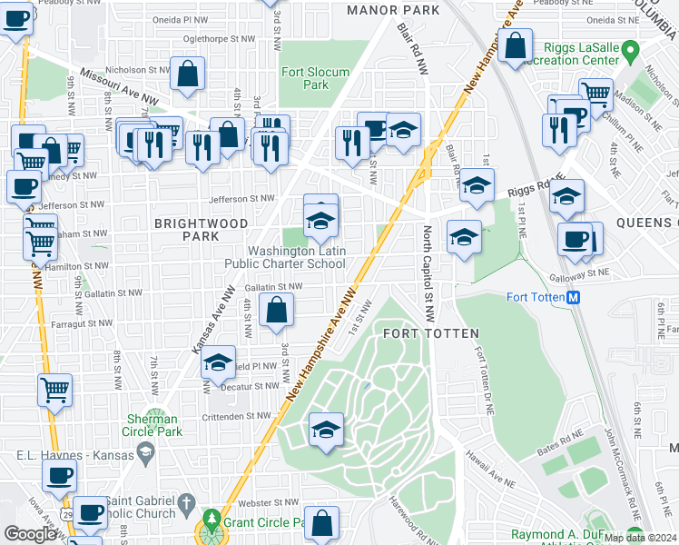 map of restaurants, bars, coffee shops, grocery stores, and more near 5113 2nd Street Northwest in Washington