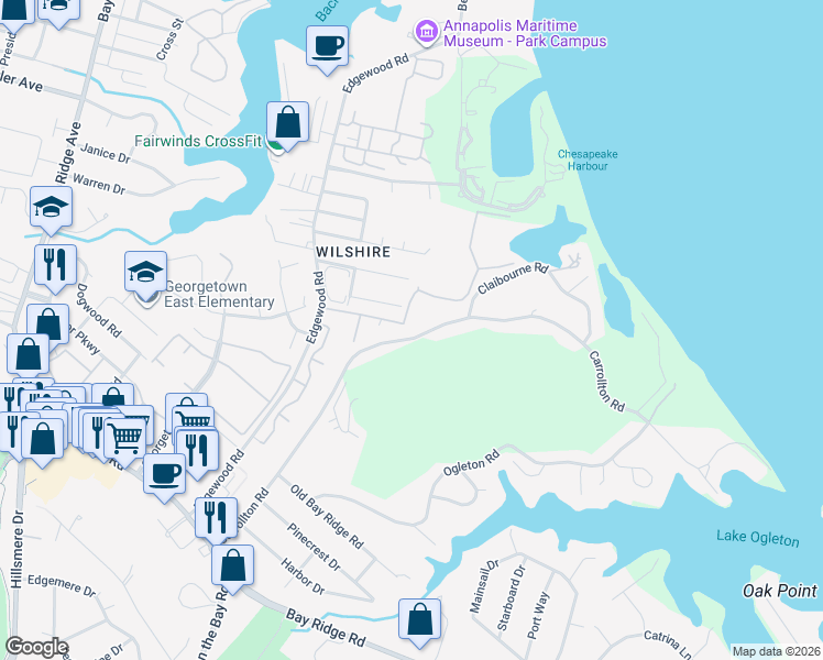 map of restaurants, bars, coffee shops, grocery stores, and more near 1000 Eaglewood Road in Annapolis