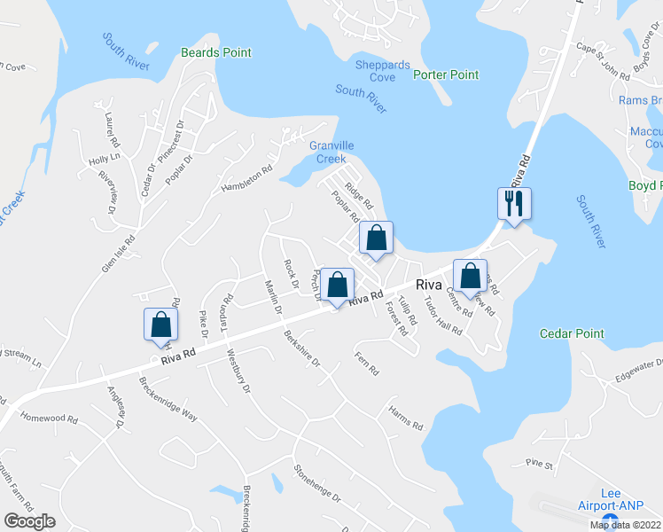 map of restaurants, bars, coffee shops, grocery stores, and more near 3061 Shad Place in Riva