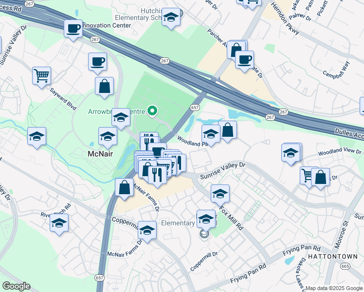 map of restaurants, bars, coffee shops, grocery stores, and more near 13341 Woodland Park Road in Herndon