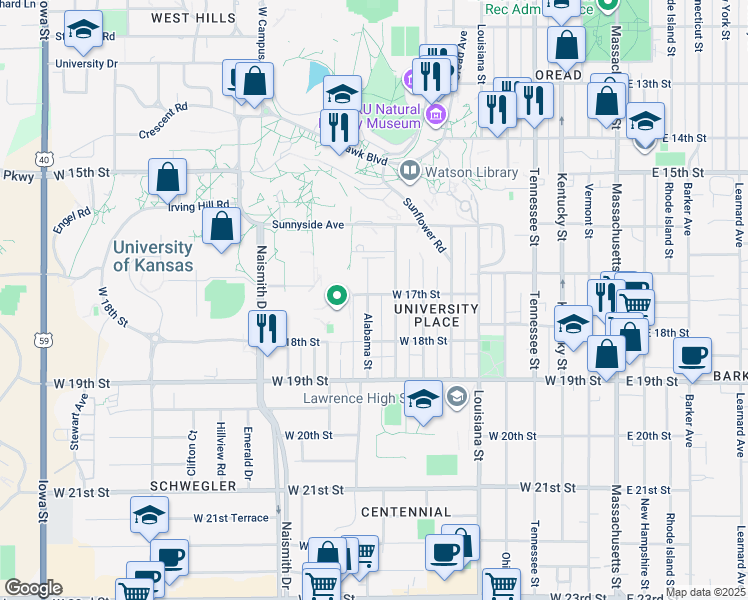 map of restaurants, bars, coffee shops, grocery stores, and more near 1631 Alabama St in Lawrence