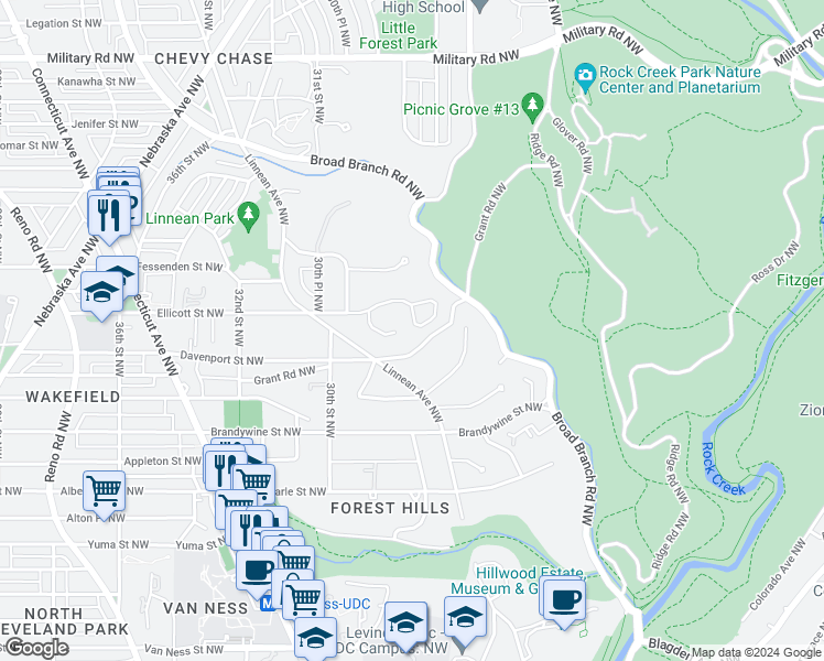map of restaurants, bars, coffee shops, grocery stores, and more near 2824 Ellicott Street Northwest in Washington