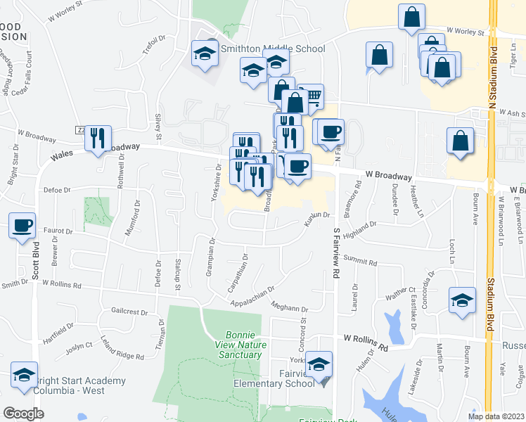 map of restaurants, bars, coffee shops, grocery stores, and more near 3258 Wind River Circle in Columbia