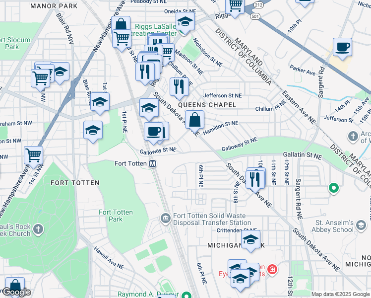 map of restaurants, bars, coffee shops, grocery stores, and more near 5120 4th Street Northeast in Washington