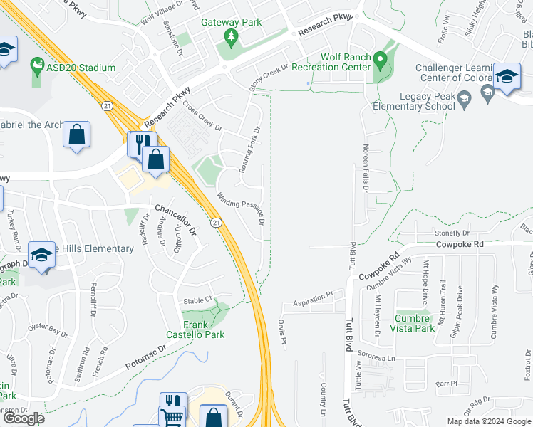 map of restaurants, bars, coffee shops, grocery stores, and more near 8319 Winding Passage Drive in Colorado Springs