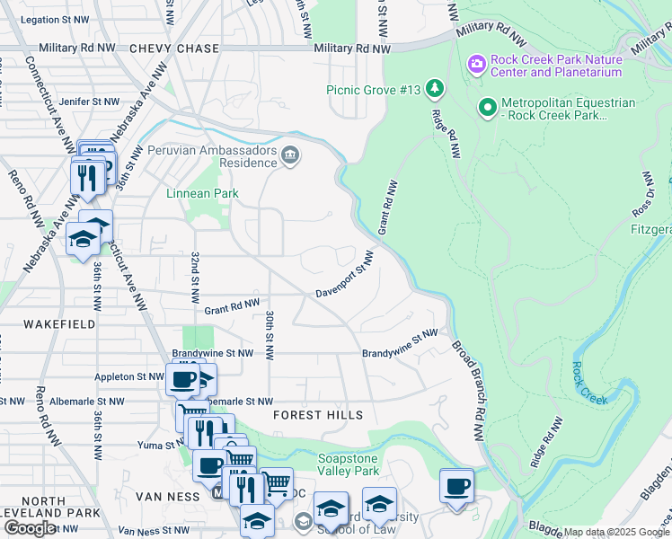 map of restaurants, bars, coffee shops, grocery stores, and more near 2824 Ellicott Street Northwest in Washington