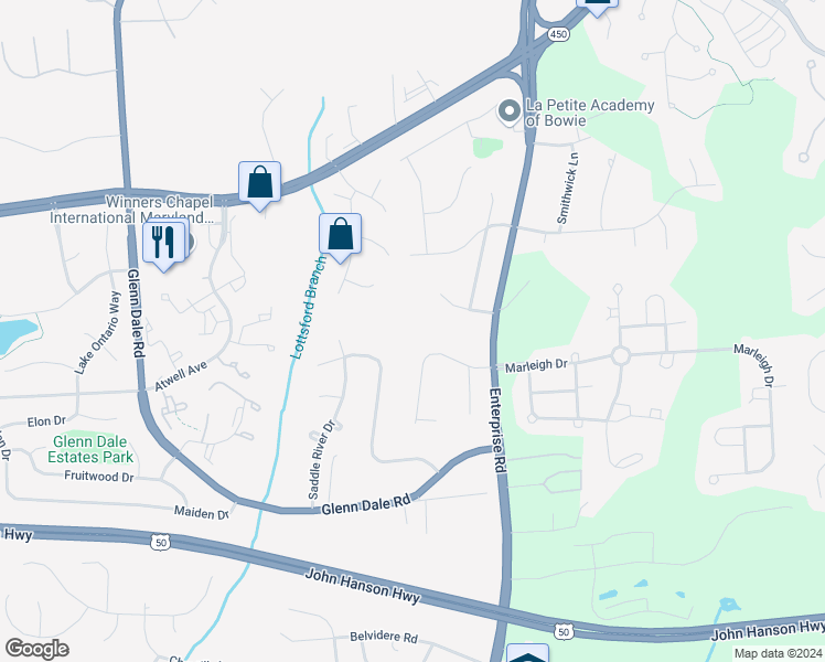 map of restaurants, bars, coffee shops, grocery stores, and more near 4510 Woodgate Way in Bowie