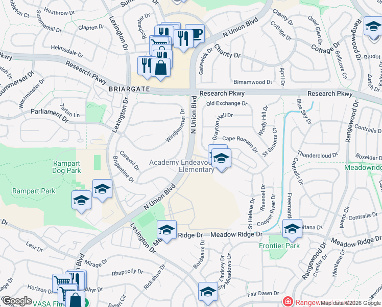 map of restaurants, bars, coffee shops, grocery stores, and more near 1716 Hampton Park Drive in Colorado Springs