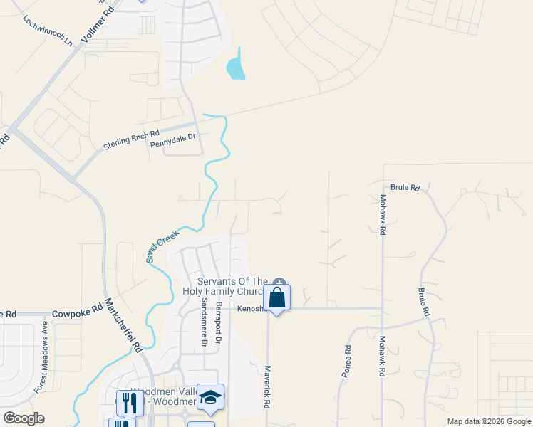 map of restaurants, bars, coffee shops, grocery stores, and more near 8420 Mustang Place in Colorado Springs