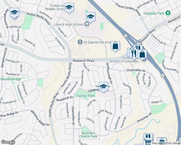 map of restaurants, bars, coffee shops, grocery stores, and more near 8403 Chancellor Drive in Colorado Springs