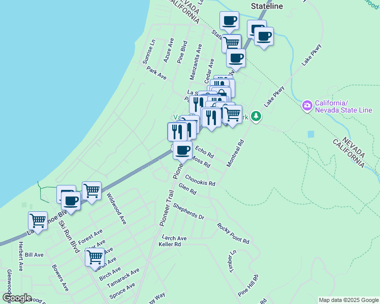 map of restaurants, bars, coffee shops, grocery stores, and more near 1008 Fern Road in South Lake Tahoe