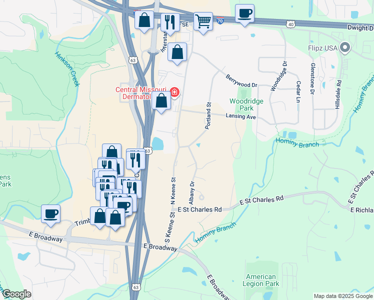 map of restaurants, bars, coffee shops, grocery stores, and more near 301 Portland Street in Columbia