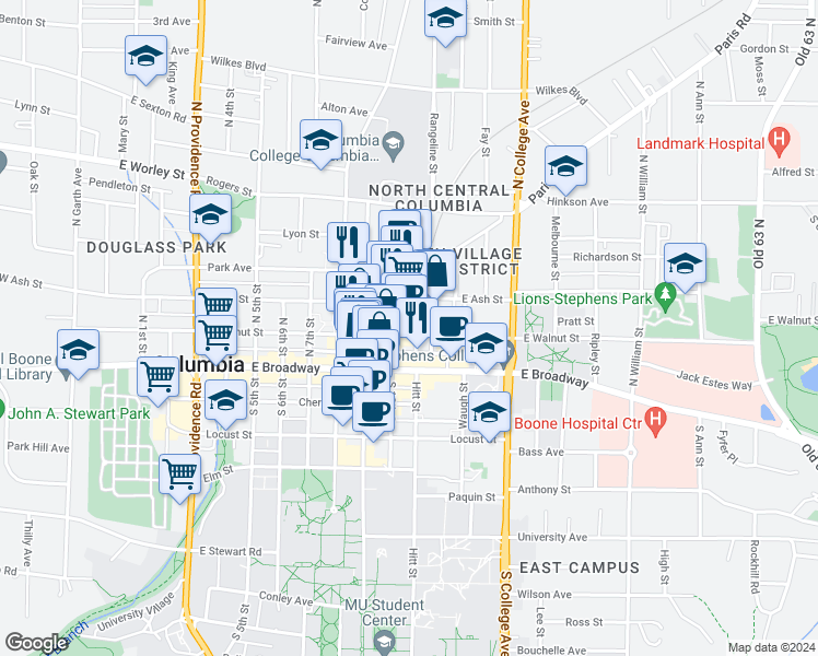 map of restaurants, bars, coffee shops, grocery stores, and more near 126 North 10th Street in Columbia