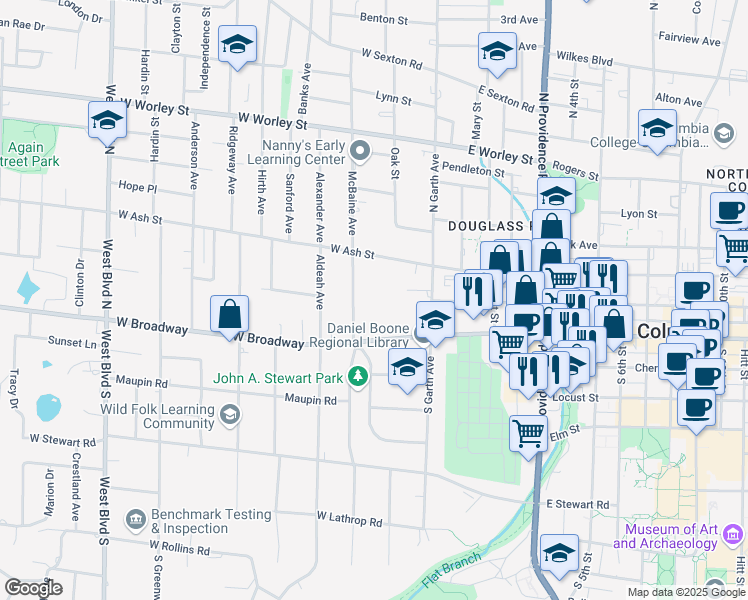 map of restaurants, bars, coffee shops, grocery stores, and more near 202 West Ash Street in Columbia