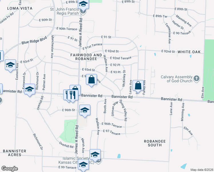 map of restaurants, bars, coffee shops, grocery stores, and more near 8505 East 93rd Street in Kansas City