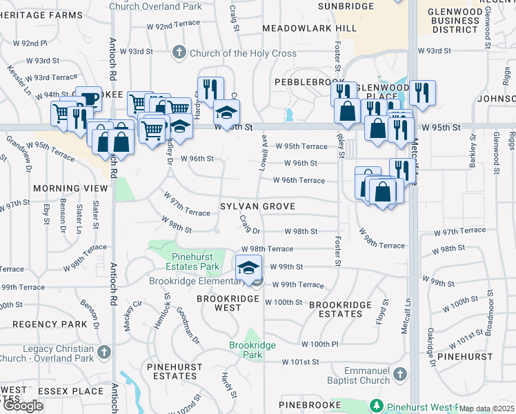 map of restaurants, bars, coffee shops, grocery stores, and more near 9639 Lowell Avenue in Overland Park