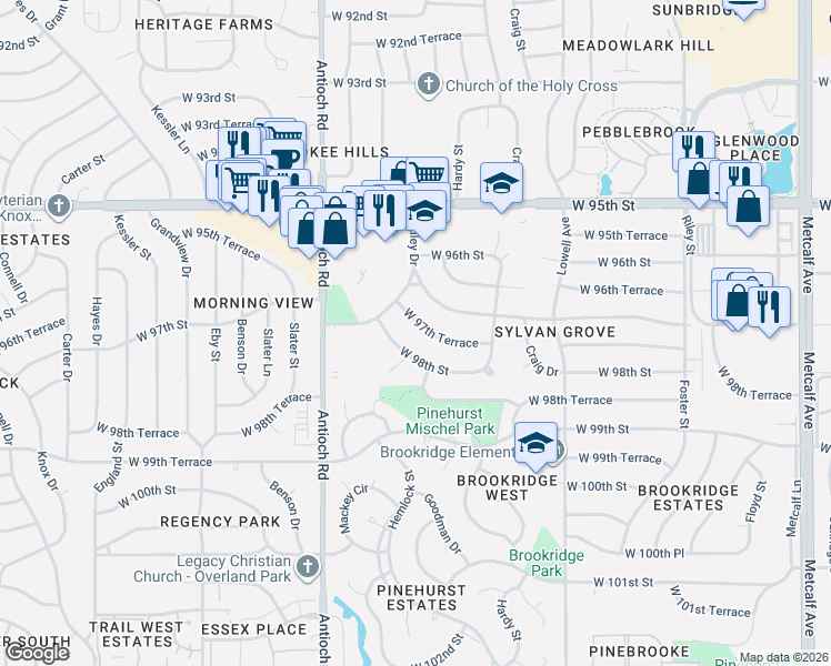 map of restaurants, bars, coffee shops, grocery stores, and more near 8400 West 97th Terrace in Overland Park