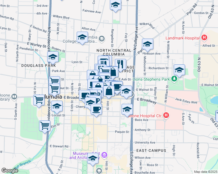map of restaurants, bars, coffee shops, grocery stores, and more near 1025 East Walnut Street in Columbia