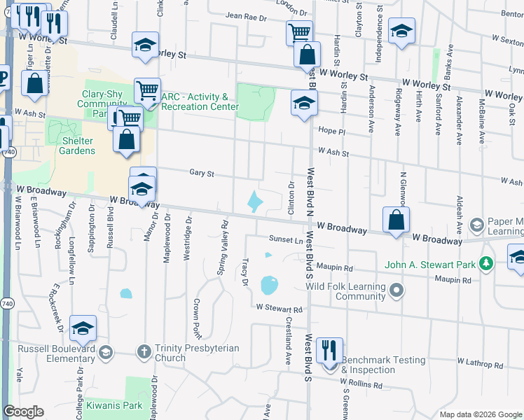 map of restaurants, bars, coffee shops, grocery stores, and more near 1115 West Broadway in Columbia