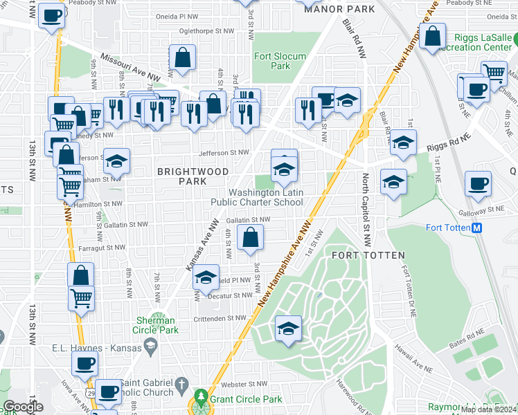 map of restaurants, bars, coffee shops, grocery stores, and more near 5117 3rd Street Northwest in Washington
