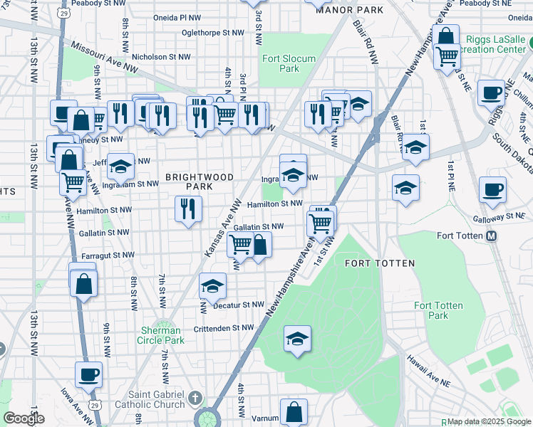 map of restaurants, bars, coffee shops, grocery stores, and more near 5117 3rd Street Northwest in Washington