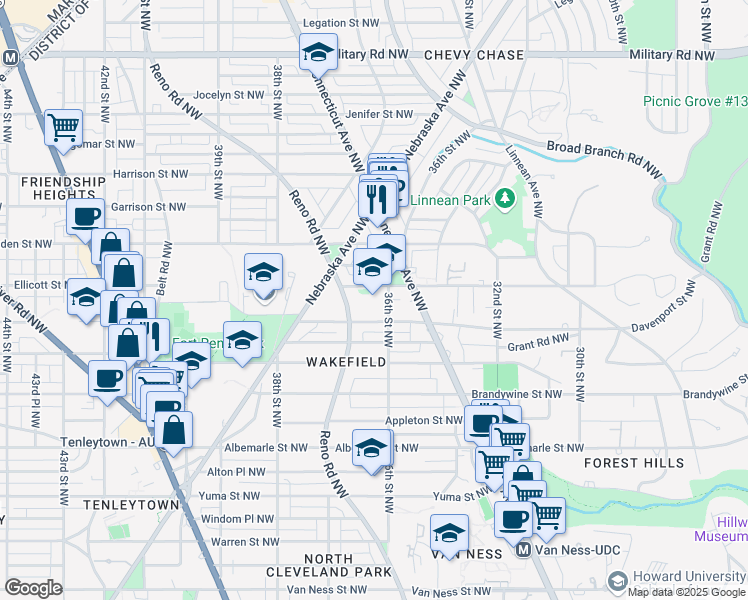 map of restaurants, bars, coffee shops, grocery stores, and more near 4810 36th Street Northwest in Washington